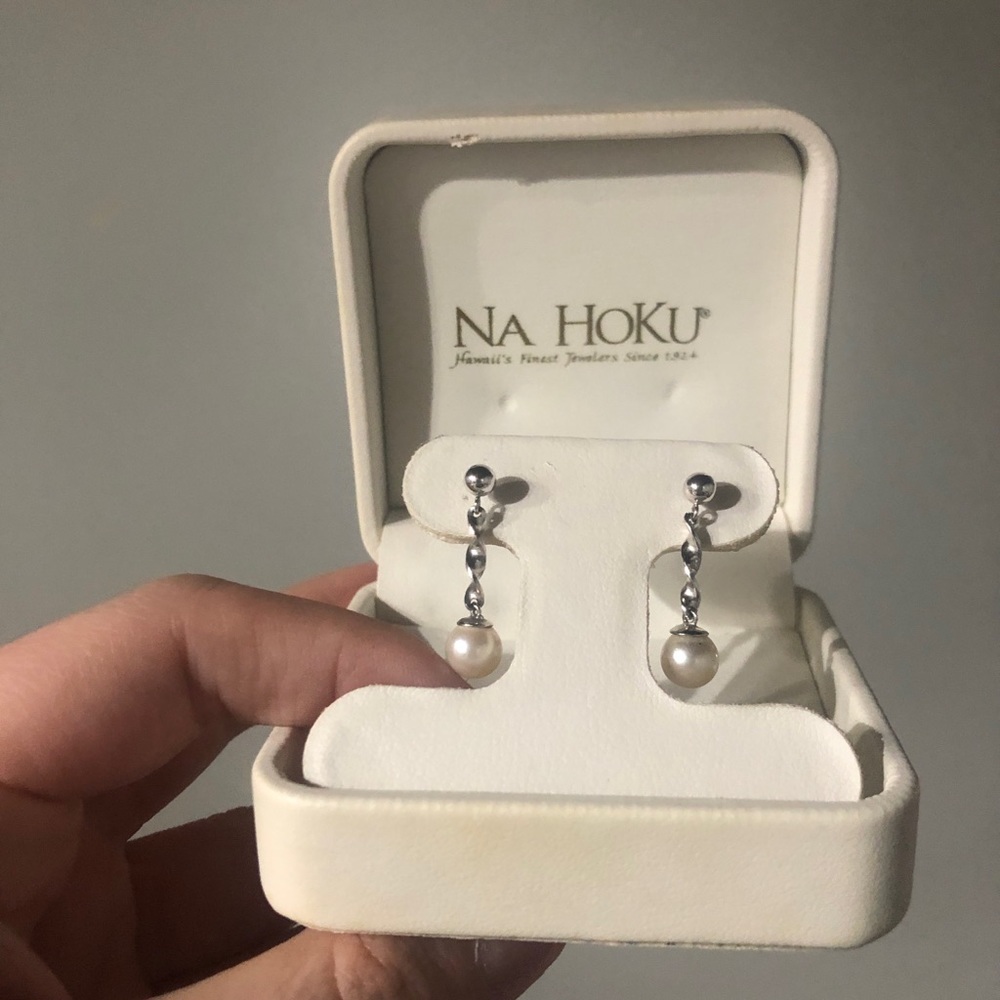 Na Hoku, pearl earrings, white gold. Brought back from our Hawaii trip.